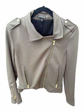 Express Women’s Medium Olive Green Moto Jacket Gold Zip Peplum Military Blazer M